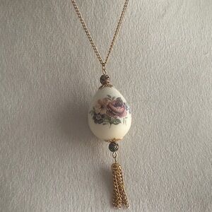 Limoges and Floral Egg Pendant Necklace with Gold Tassel Chain